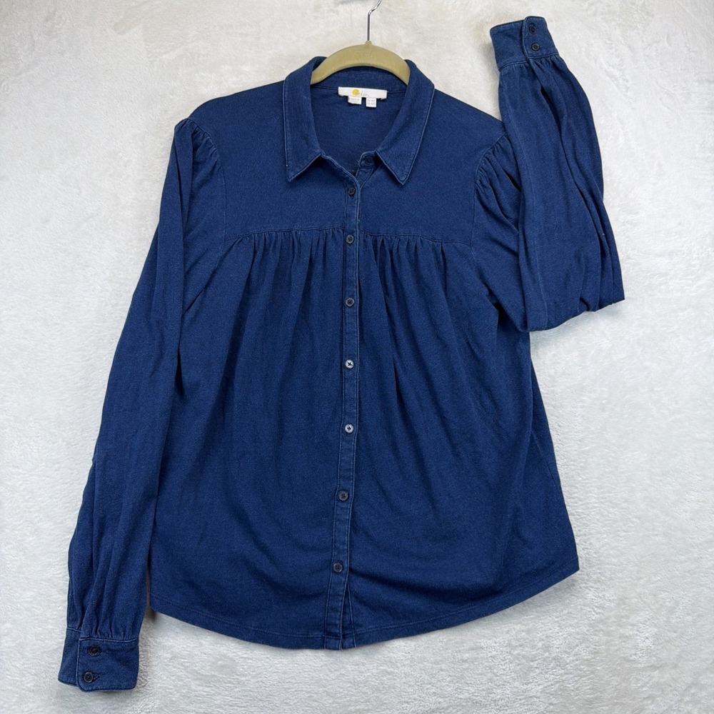 Boden Women's Navy Button Front Blouse Gathered Long Sleeve Petite US 10P